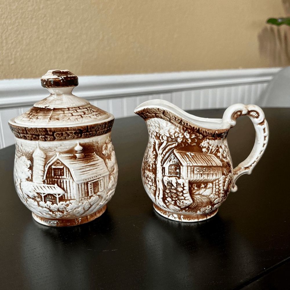 Vintage Japan Ceramic Cream and Sugar with Country Barn and Cabin Scenes